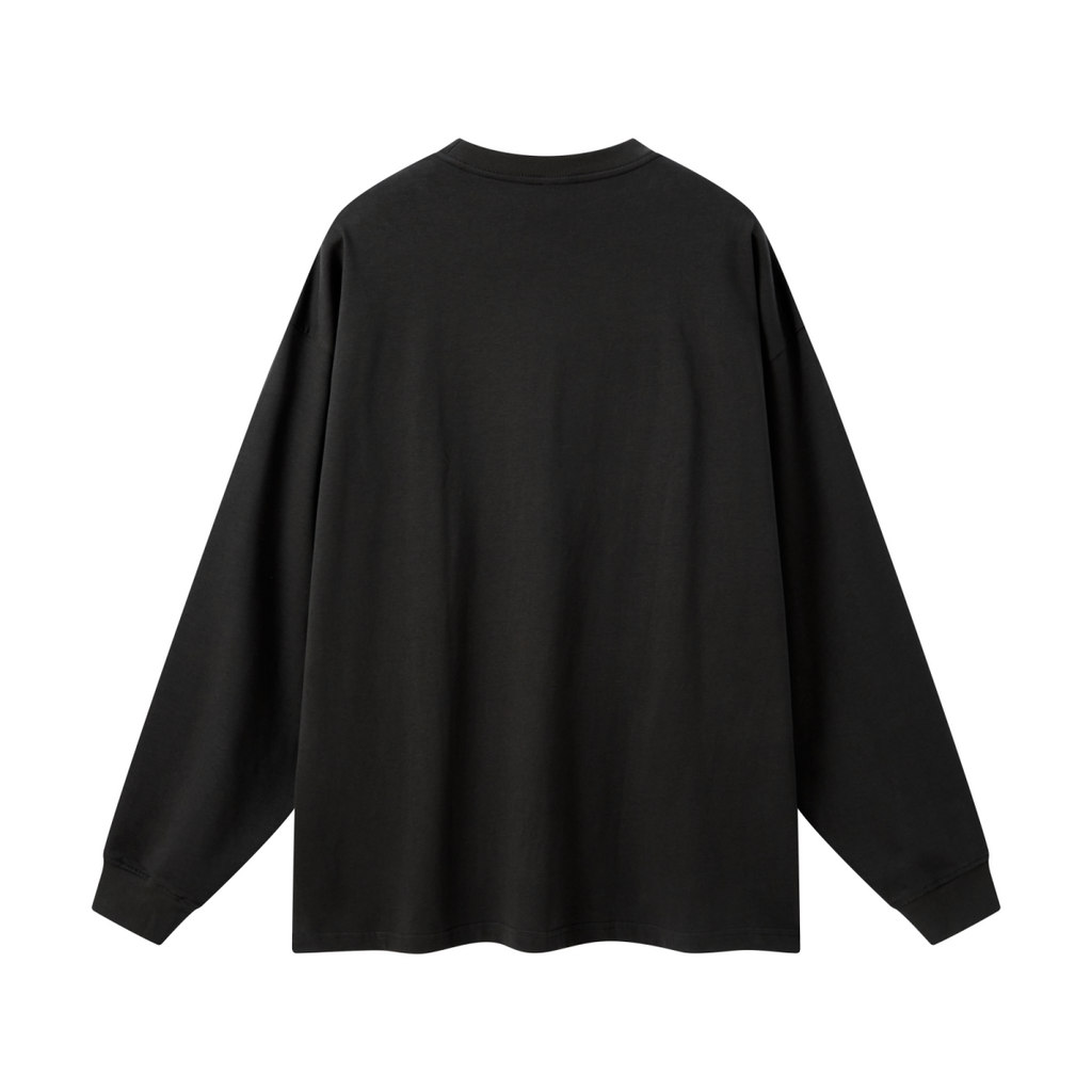 305GSM Unisex Premium Heavyweight Double-Yarn Plain Fabric Earth-Tone Basic Layering Long sleeve Black