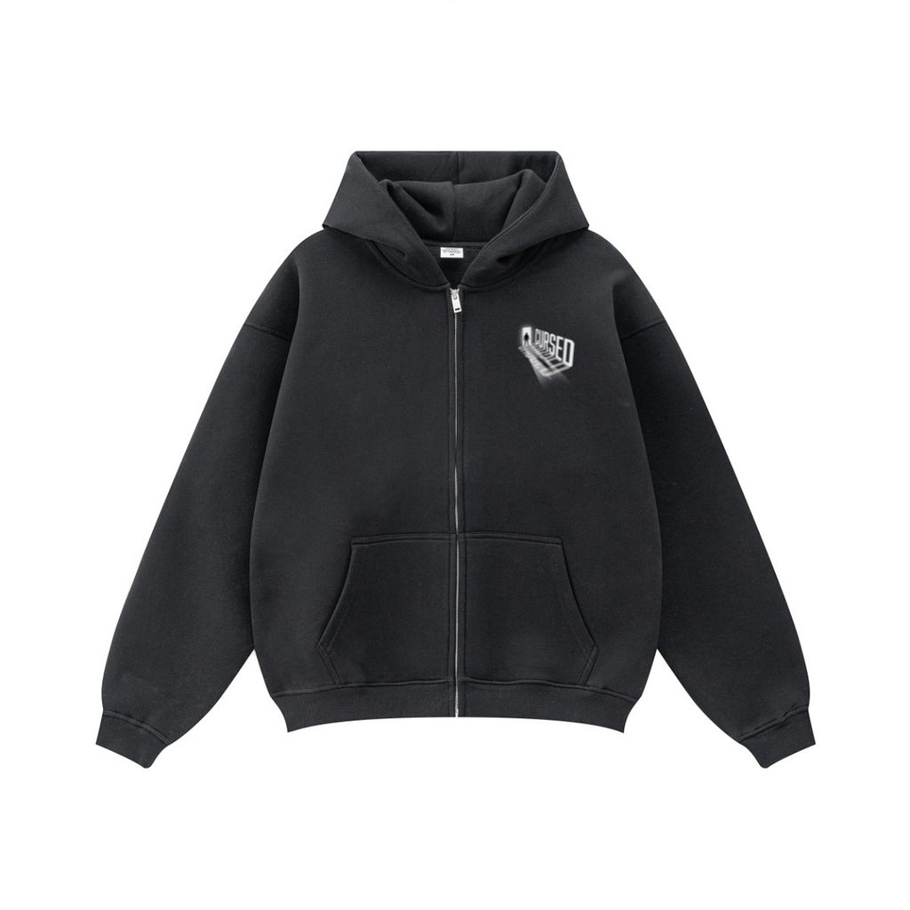 345GSM Unisex Fall&Winter Fleece-Lined Solid-Color Zip-Up Hoodie Black